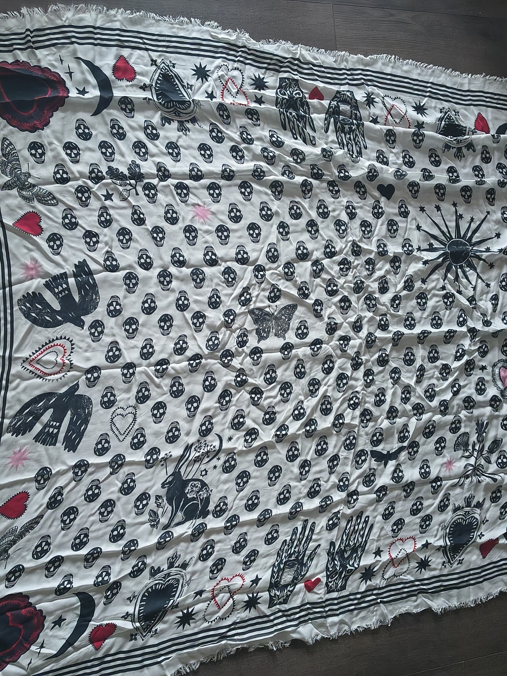 Alexander McQueen White Skull & Motif Silk Scarf with Black and Red Accents